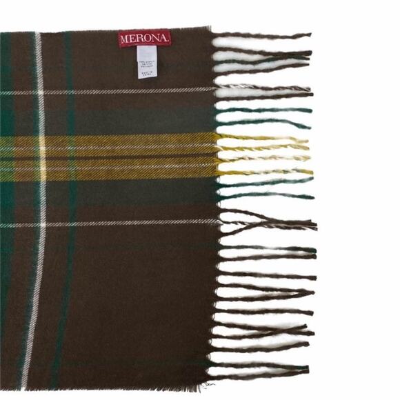 Soft Merona Unisex Tartan Plaid Fringe Scarf 65" X 11" Brown Tan Yellow Green - Picture 5 of 9